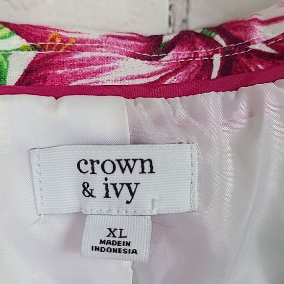 Crown & Ivy Women’s Blazer XL Hawaiian Pink Hibiscus Linen Suit Jacket Floral - Picture 4 of 9